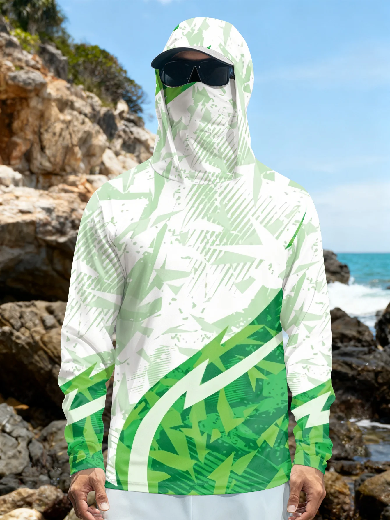 Rash Guard - メンズ用フィッシングシャツ、フード付き、UPF（紫外線防御指数）付き、長袖、顔を覆うマスク付き、迷彩柄、速乾性、アウトドア、ハイキング、狩猟、ラッシュガード、ジャージトップス。