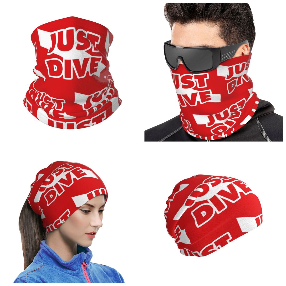 Diving Mask - 「Just Dive」スキューバダイビング柄のバンダナ、ネックゲイター、プリント柄のマスク、暖かいサイクリング用スカーフ。男性、女性、大人向け、冬用。