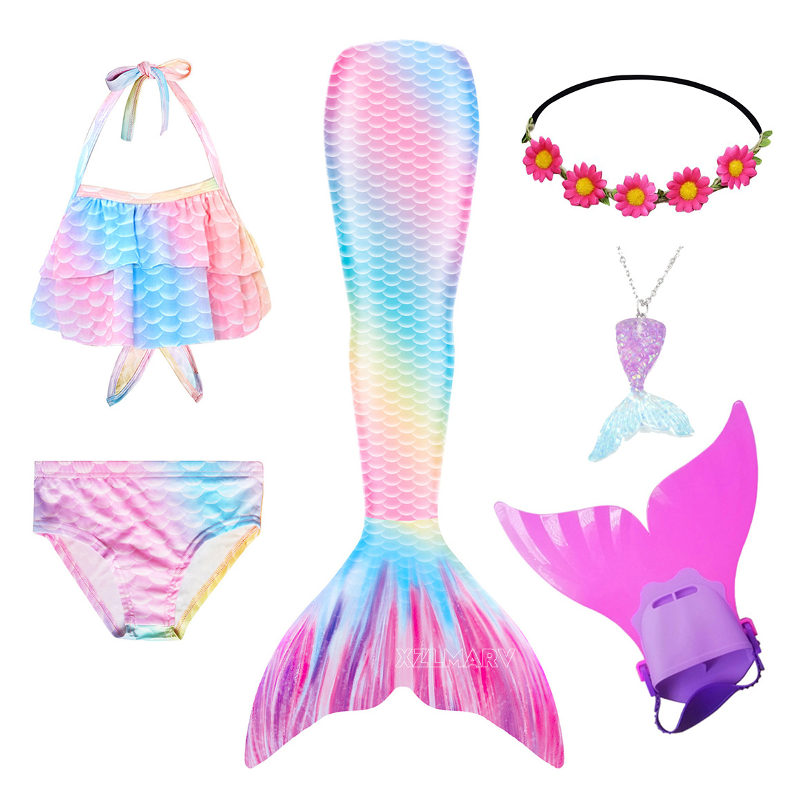 6 ピース/セットアリエル女の子水泳マーメイドテールモノフィ - Flippers Swimming のレビューと価格